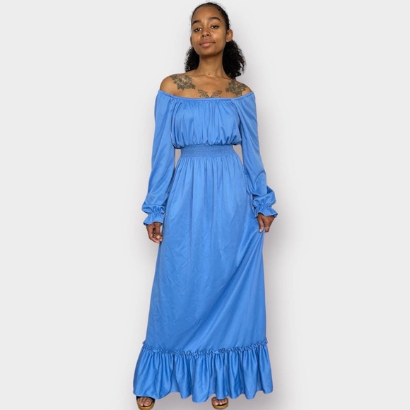 Vintage Dresses & Skirts - 70s Blue Long Sleeve Maxi‎ Dress